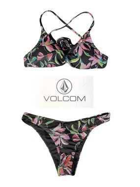 VOLCOM 2-Pc Bikini Set Black Pink Purple Floral Cross-Back High-Cut Cheeky NWT